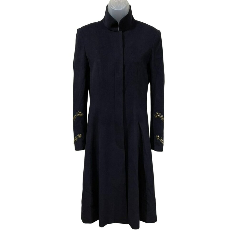 Shanghai Tang Womens Embellished Wool Coat with Leather Trim Black Size 4